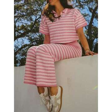 Imily Bela Womens 2 Piece Outfits Striped Short Sleeve Sweater Tops Knit Sets Wide Leg Pants Lounge Set