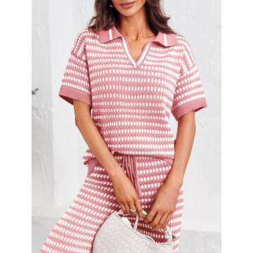 Imily Bela Womens 2 Piece Outfits Striped Short Sleeve Sweater Tops Knit Sets Wide Leg Pants Lounge Set