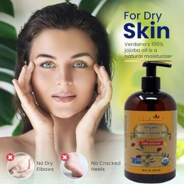 Verdana Organic Golden Jojoba Oil – 16 fl oz with Pump - USDA, Non GMO - Cold Pressed, Unrefined, Hexane Free - Bulk, Moisturizing Oil for Skin, Body, Face, Hair, Scalp, Nails and Cuticles