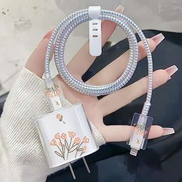 Charger Cover Protector for iPhone Charger Protector Cute Tulip Design,Cable Protector for iPhone Charger Cover,Cable Bites Charger Cord Protector Compatible with 18W/20W iPhone Charger (Tulip)