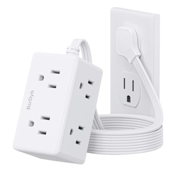 6Ft Flat Plug Small Power Strip,3-Side White Extension Cord with 6 Wide Outlets Extender,No Surge Pr...