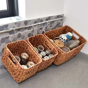 StorageWorks Hand-Woven Storage Baskets, Imitation Wicker Baskets for Shelves, Walnut, Set of 3 (1PC Large, 2PCS Medium)