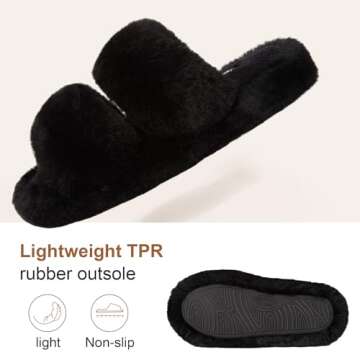 FamilyFairy Women's Fluffy Faux Fur Slippers Comfy Open Toe Two Band Slides with Fleece Lining and Rubber Sole(9-10, Black)