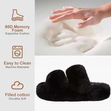 FamilyFairy Women's Fluffy Faux Fur Slippers Comfy Open Toe Two Band Slides with Fleece Lining and Rubber Sole(9-10, Black)