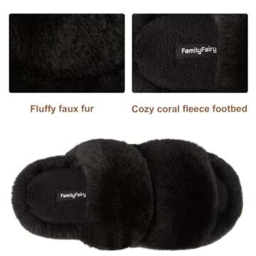 FamilyFairy Women's Fluffy Faux Fur Slippers Comfy Open Toe Two Band Slides with Fleece Lining and Rubber Sole(9-10, Black)