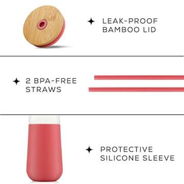 JoyJolt Tumbler with Lid and Straw and Silicone Sleeve. BPA Free, 20oz Glass Cup with Bamboo Lid (Pink). Travel Tumbler for Car, Reusable Iced Coffee Cup or Glass Water Bottle with Lid and Straw