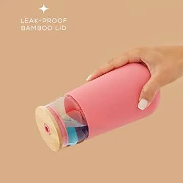 JoyJolt Tumbler with Lid and Straw and Silicone Sleeve. BPA Free, 20oz Glass Cup with Bamboo Lid (Pink). Travel Tumbler for Car, Reusable Iced Coffee Cup or Glass Water Bottle with Lid and Straw