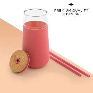 JoyJolt Tumbler with Lid and Straw and Silicone Sleeve. BPA Free, 20oz Glass Cup with Bamboo Lid (Pink). Travel Tumbler for Car, Reusable Iced Coffee Cup or Glass Water Bottle with Lid and Straw
