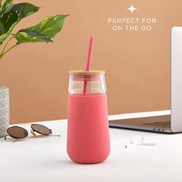JoyJolt Tumbler with Lid and Straw and Silicone Sleeve. BPA Free, 20oz Glass Cup with Bamboo Lid (Pink). Travel Tumbler for Car, Reusable Iced Coffee Cup or Glass Water Bottle with Lid and Straw