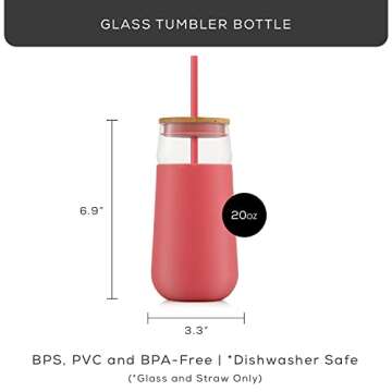 JoyJolt Tumbler with Lid and Straw and Silicone Sleeve. BPA Free, 20oz Glass Cup with Bamboo Lid (Pink). Travel Tumbler for Car, Reusable Iced Coffee Cup or Glass Water Bottle with Lid and Straw