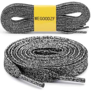 WEGOODZF Flat Glitter Shoe Laces: Metallic Black Silver Sparkle Shoelaces for Sneakers 63 inch -2Pai...