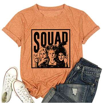 Sanderson Sister Cute T Shirt Halloween Graphic Tees for Women Hocus Pocus Funny Shirts Fall Casual Tops Yellow Large