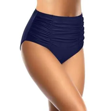 Holipick Navy Blue Bathing Suit Bottoms for Women - High Waisted Bikini Bottoms Ruched Tummy Control Swimsuit Bottom S