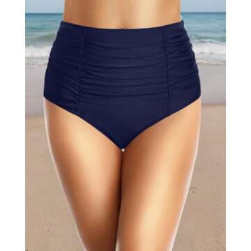 Holipick Navy Blue Bathing Suit Bottoms for Women - High Waisted Bikini Bottoms Ruched Tummy Control Swimsuit Bottom S