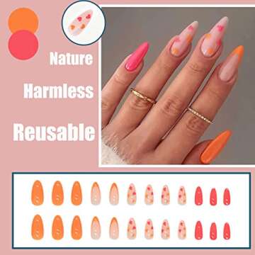 QINGGE French Heart Press on Nails Short Glossy Fake Nails Hot pink and Orange False Nails with Pattern Stick on Nails Nude Acrylic Nails Summer Glue on Nails for Women 24Pcs