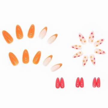 QINGGE French Heart Press on Nails Short Glossy Fake Nails Hot pink and Orange False Nails with Pattern Stick on Nails Nude Acrylic Nails Summer Glue on Nails for Women 24Pcs