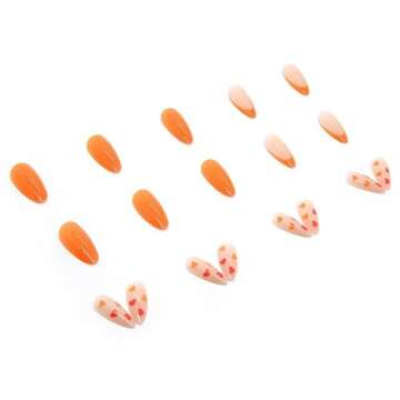 QINGGE French Heart Press on Nails Short Glossy Fake Nails Hot pink and Orange False Nails with Pattern Stick on Nails Nude Acrylic Nails Summer Glue on Nails for Women 24Pcs