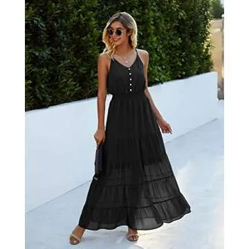 PRETTYGARDEN Women's Casual Summer Dress Spaghetti Strap Sleeveless High Waist Beach Long Maxi Sun Dresses (Black,Medium)
