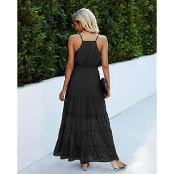 PRETTYGARDEN Women's Casual Summer Dress Spaghetti Strap Sleeveless High Waist Beach Long Maxi Sun Dresses (Black,Medium)