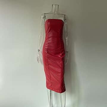 XLLAIS Women Strapless Tube Top Midi Dress Off Shoulder Bodycon Party Leather Dress (Red, Medium)