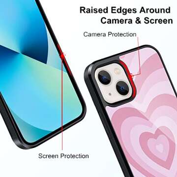 TEAUGHT Compatible with iPhone 13 Case (2021) 6.1 inch, Cute Pattern Pink Love Heart + Screen Protector Tire Shockproof Cover, Designed for iPhone 13 Case for Girls Women