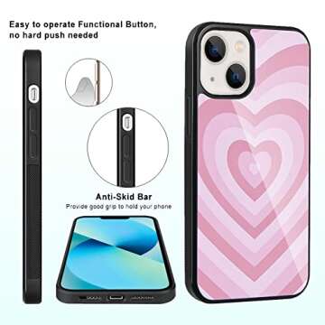 TEAUGHT Compatible with iPhone 13 Case (2021) 6.1 inch, Cute Pattern Pink Love Heart + Screen Protector Tire Shockproof Cover, Designed for iPhone 13 Case for Girls Women