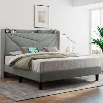 Feonase Queen Bed Frame with USB Ports and Wingback Design