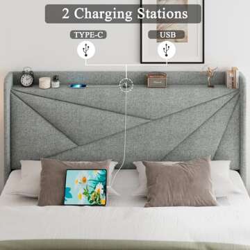 Feonase Queen Bed Frame with USB Ports and Wingback Design