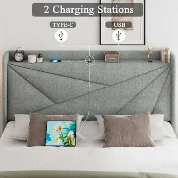 Feonase Queen Bed Frame with USB Ports and Wingback Design