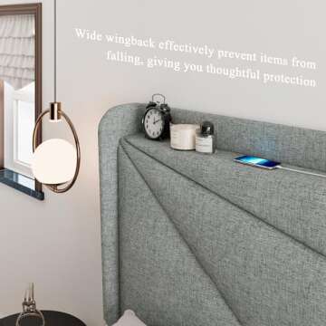 Feonase Queen Bed Frame with USB Ports and Wingback Design