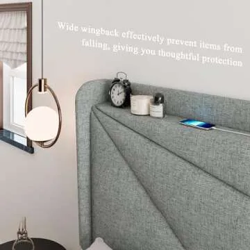 Feonase Queen Bed Frame with USB Ports and Wingback Design