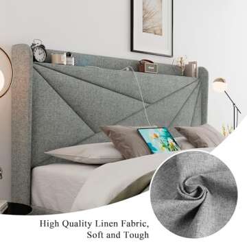 Feonase Queen Bed Frame with USB Ports and Wingback Design