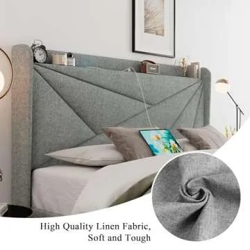 Feonase Queen Bed Frame with USB Ports and Wingback Design