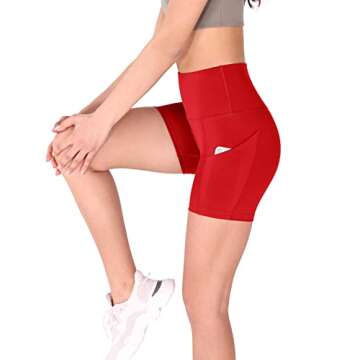 ODODOS Women's 4" High Waist Biker Shorts with Pockets, Tummy Control Non See Through Workout Sports Athletic Running Yoga Shorts, Red, Medium