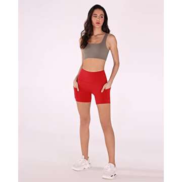 ODODOS Women's 4" High Waist Biker Shorts with Pockets, Tummy Control Non See Through Workout Sports Athletic Running Yoga Shorts, Red, Medium