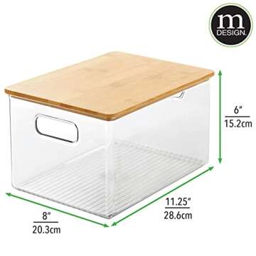 mDesign Plastic Stackable Kitchen Pantry Cabinet, Food Storage Bin Box with Built-In Handles and Bamboo Lid - Organizer for Fruit, Jars, Snacks, Pasta - Ligne Collection - 2 Pack - Clear/Natural