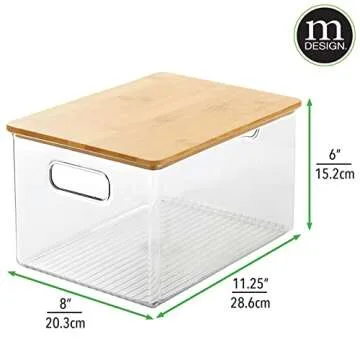mDesign Plastic Stackable Kitchen Pantry Cabinet, Food Storage Bin Box with Built-In Handles and Bamboo Lid - Organizer for Fruit, Jars, Snacks, Pasta - Ligne Collection - 2 Pack - Clear/Natural