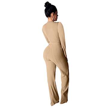 Women 2 Piece Outfits Two Piece Pants Sets Sexy Long Sleeve Crop Top Ribbed Casual Club Jumpsuits Tracksuits Khaki Medium