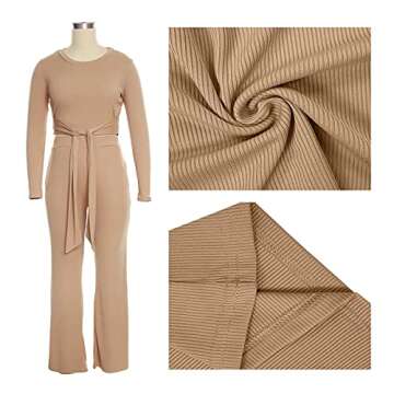 Women 2 Piece Outfits Two Piece Pants Sets Sexy Long Sleeve Crop Top Ribbed Casual Club Jumpsuits Tracksuits Khaki Medium