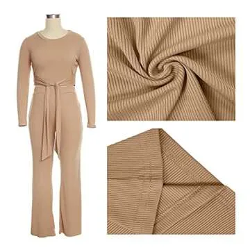 Women 2 Piece Outfits Two Piece Pants Sets Sexy Long Sleeve Crop Top Ribbed Casual Club Jumpsuits Tracksuits Khaki Medium