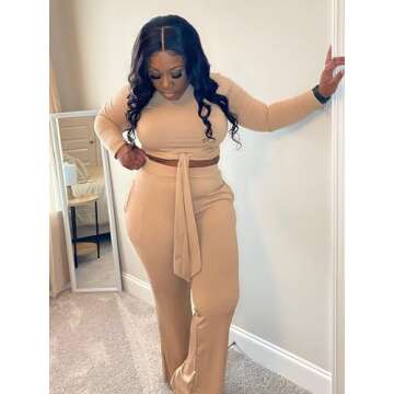 Women 2 Piece Outfits Two Piece Pants Sets Sexy Long Sleeve Crop Top Ribbed Casual Club Jumpsuits Tracksuits Khaki Medium