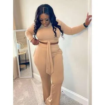 Women 2 Piece Outfits Two Piece Pants Sets Sexy Long Sleeve Crop Top Ribbed Casual Club Jumpsuits Tracksuits Khaki Medium