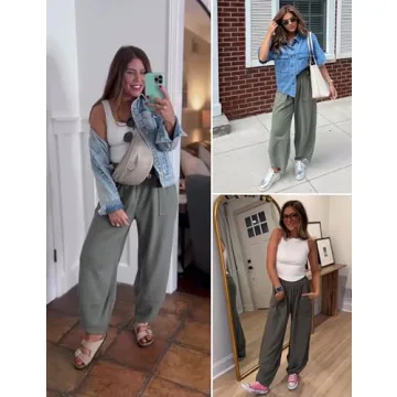 Xiaoxuemeng Womens Baggy Wide Leg Pants Casual Elastic Waisted Palazzo Harem Pants with Pockets(Green-XL)