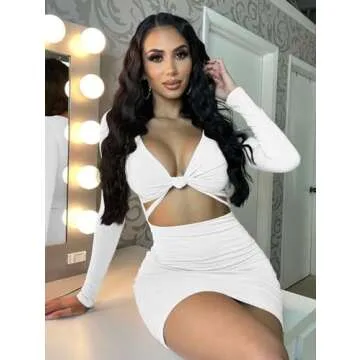 XXTAXN Women's Sexy Bodycon Deep V Neck Long Sleeve Cut Out Club Mini Dress White