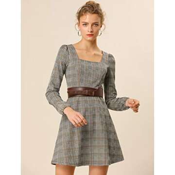 Allegra K Women's Fall Vintage Square Neck Long Sleeve Plaid Dress Small Brown