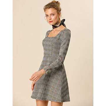 Allegra K Women's Fall Vintage Square Neck Long Sleeve Plaid Dress Small Brown