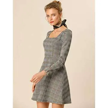 Allegra K Women's Fall Vintage Square Neck Long Sleeve Plaid Dress Small Brown