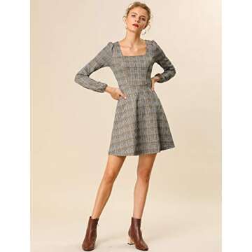 Allegra K Women's Fall Vintage Square Neck Long Sleeve Plaid Dress Small Brown