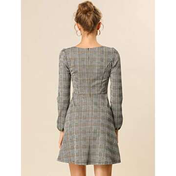 Allegra K Women's Fall Vintage Square Neck Long Sleeve Plaid Dress Small Brown