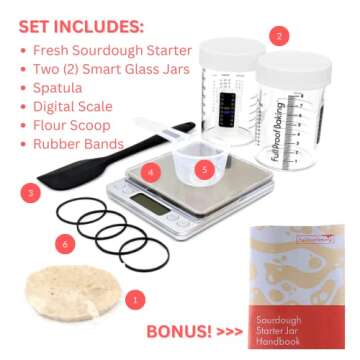 Full Proof Baking Sourdough Starter Kit with Fresh Sour Dough Starter (Ships Separately) - Digital Scale, Spatula, Scoop, Video & 2x 10oz Glass Jars w/Thermometer Rulers Feeding Ratios - Complete Set